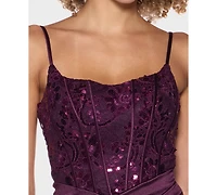 B Darlin Juniors' Scoop-Neck Satin-Knit Corset Bodice Dress