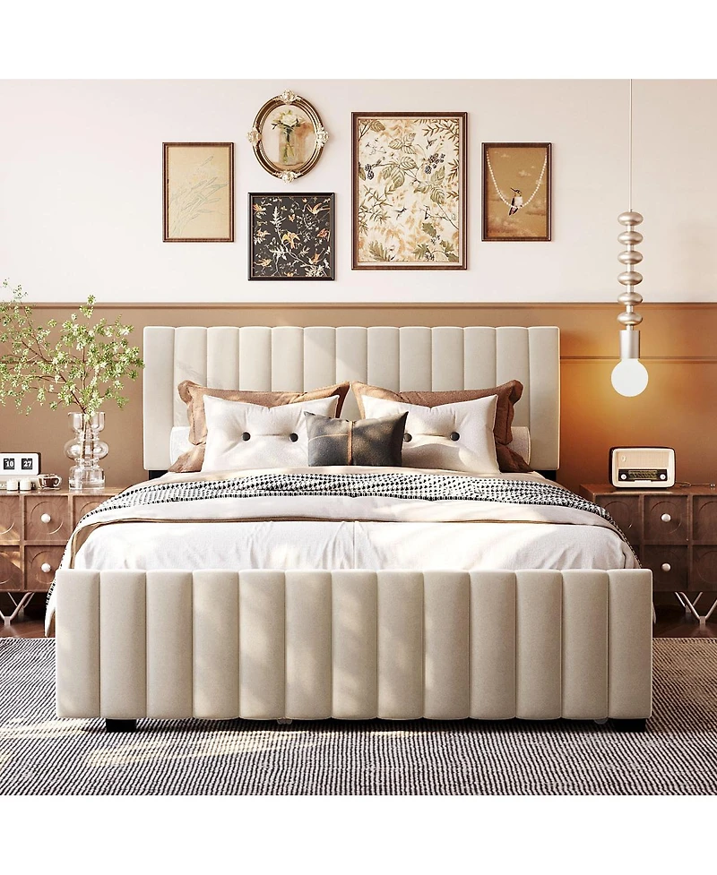 Streamdale Furniture Queen Size Velvet Upholstered Platform Bed with Twin Xl Size Trundle