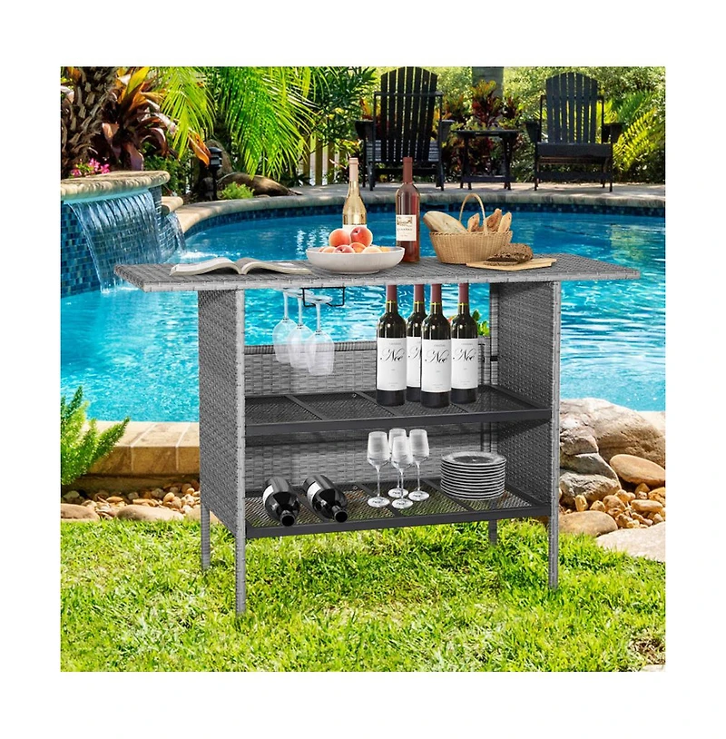 Boyel Living Outdoor Patio Wicker Bar Table with Metal Shelves