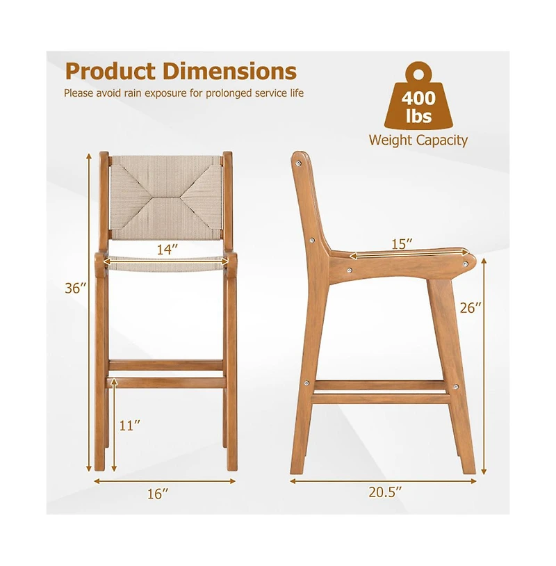 Boyel Living Set of 1 Outdoor Counter Height Bar Stool Woven Paper Rope Patio Barstool with Teak Wood Frame