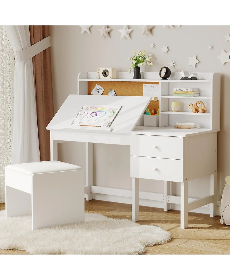 homfan Adjustable Kids Desk and Chair Set, Wooden Study Table with Tilting Desktop, Drawers and Cork Board, Ergonomic Workspace for Boys and Girls