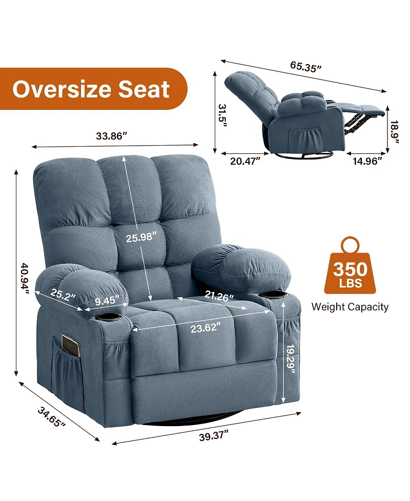 Streamdale Furniture Oversized Swivel Massage Recliner with Lumbar Heat, Usb Port, and Side Pocket