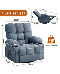 Streamdale Furniture Oversized Swivel Massage Recliner with Lumbar Heat, Usb Port, and Side Pocket
