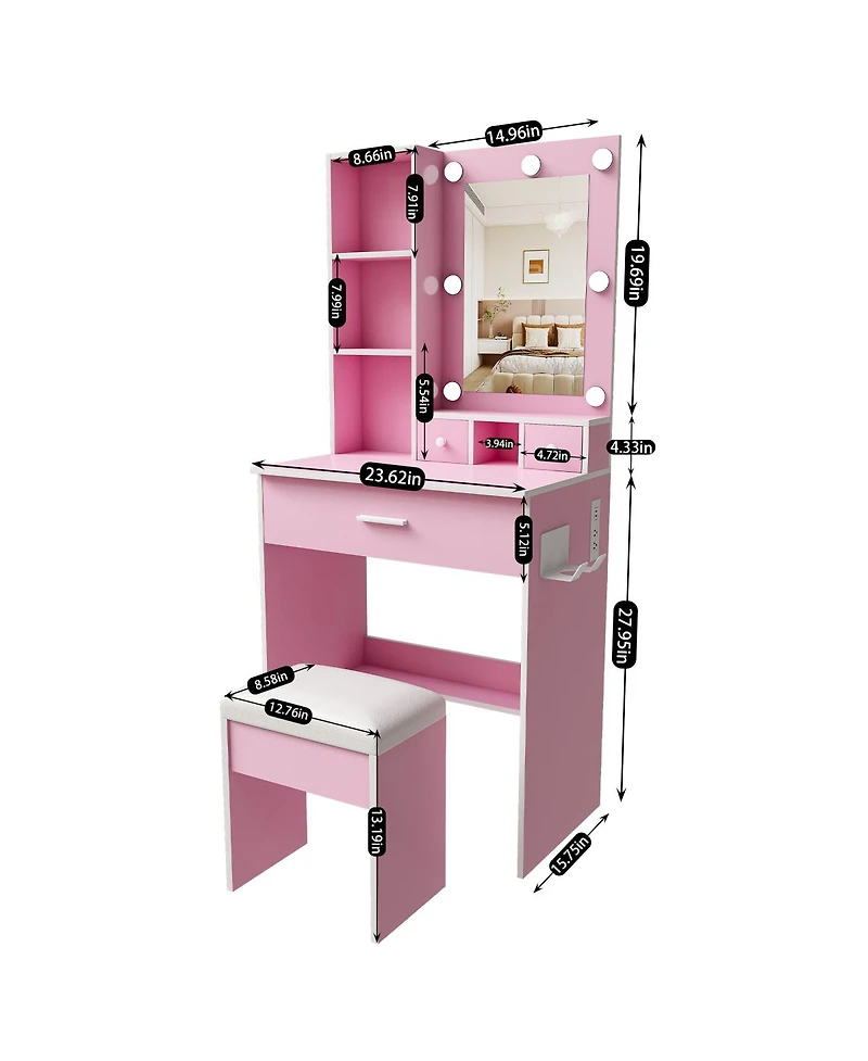 Streamdale Furniture Vanity Table with Led Mirror, Power Outlet, Hairdryer Holder and Stool