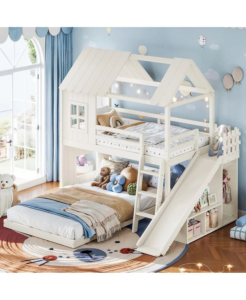 Streamdale Furniture Twin over Full House Bunk Bed with Slide, Storage