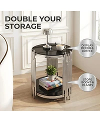 Streamdale Furniture 19.7" 2-Tier Round Glass End Table with Stainless Steel Legs