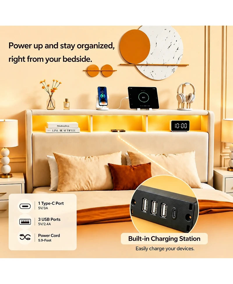 Streamdale Furniture Upholstered Storage Bed with Led, Usb, and Drawers
