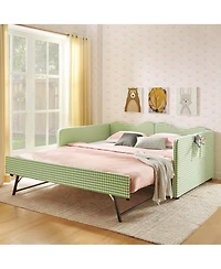 Streamdale Furniture Gingham Upholstered Full-Size Daybed with Trundle and Side Storage Pocket