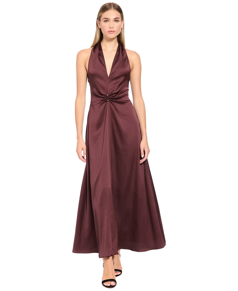Luxely Women's Halter Gathered V-Neck Keyhole-Back Midi Dress