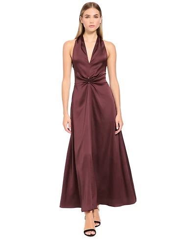 Luxely Women's Halter Gathered V-Neck Keyhole-Back Midi Dress