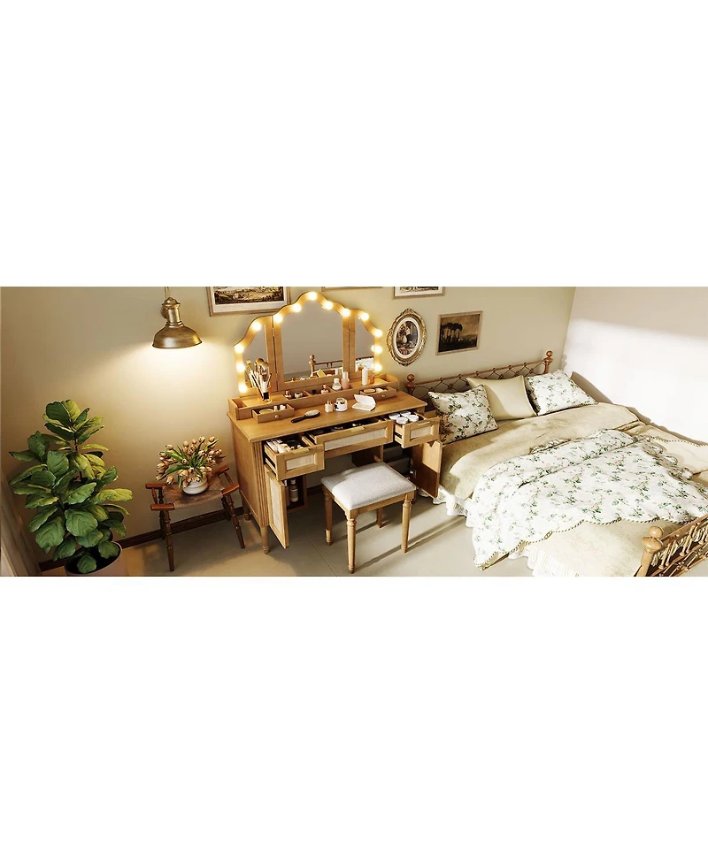 Streamdale Furniture Makeup Vanity Desk with Tri-Fold Mirror, 13 Lights, 5 Drawers and Charging Station
