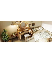 Streamdale Furniture Makeup Vanity Desk with Tri-Fold Mirror, 13 Lights, 5 Drawers and Charging Station