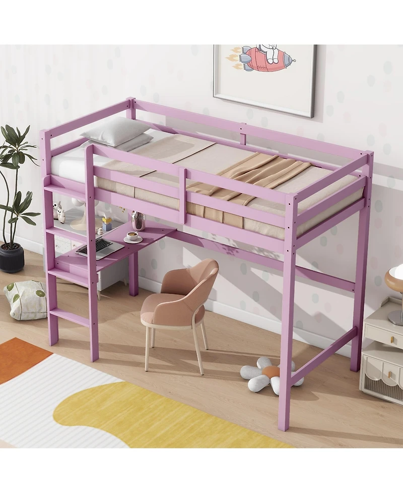 Sailvan Twin High Loft Bed, Rubber Wood Loft Bed with Safety Guardrail, built-in desk, ladder