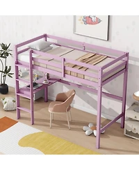 Sailvan Twin High Loft Bed, Rubber Wood Loft Bed with Safety Guardrail, built-in desk, ladder