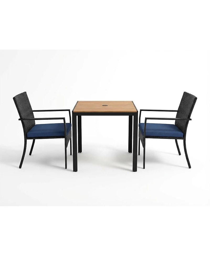 homfan 3-Piece Patio Dining Set with Square Table, 2 Chairs, Umbrella Hole and Cushions, Pe Wicker Outdoor Furniture for Backyard, Garden or Poolside