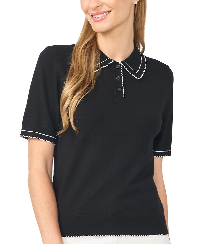 CeCe Women's Contrast-Stitch Short-Sleeve Polo Collared Sweater