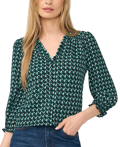 CeCe Women's Button-Detail V-Neck 3/4-Sleeve Blouse