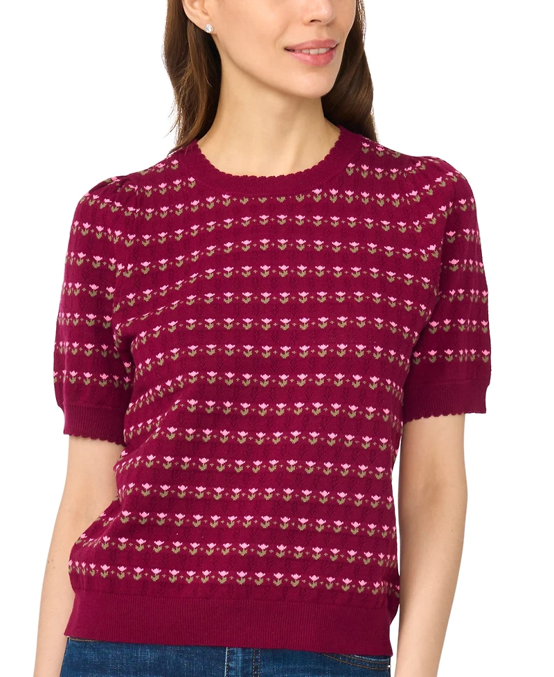 CeCe Women's Flower Pointelle Crewneck Short-Sleeve Cotton Sweater
