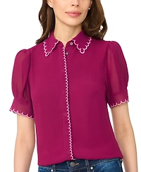 CeCe Women's Scallop Contrast Trim Button Up Top