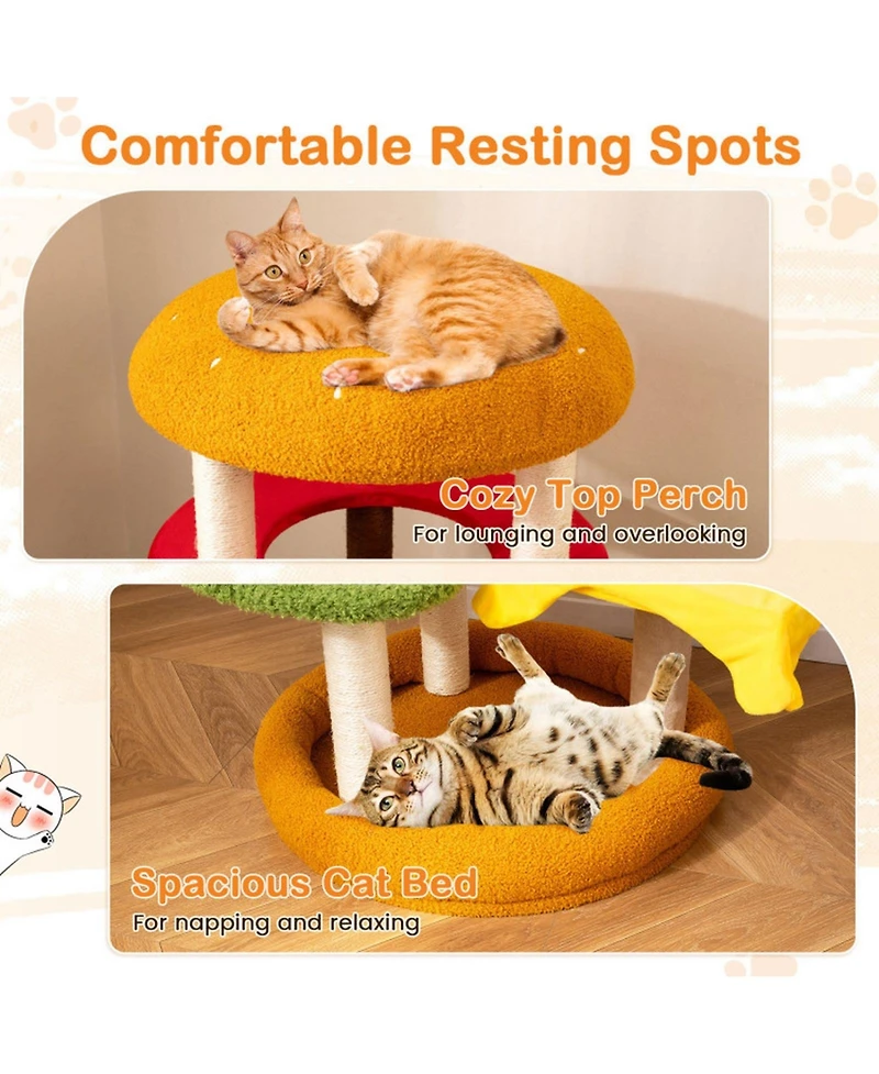 Hongge 42 Inch Burger-Shaped Multi-Level Cat Tree with Padded Top Perch