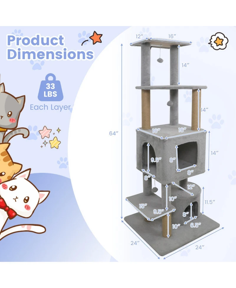 Hongge Five-Tier 64 Inch Cat Tree with Two Extra Large Condos