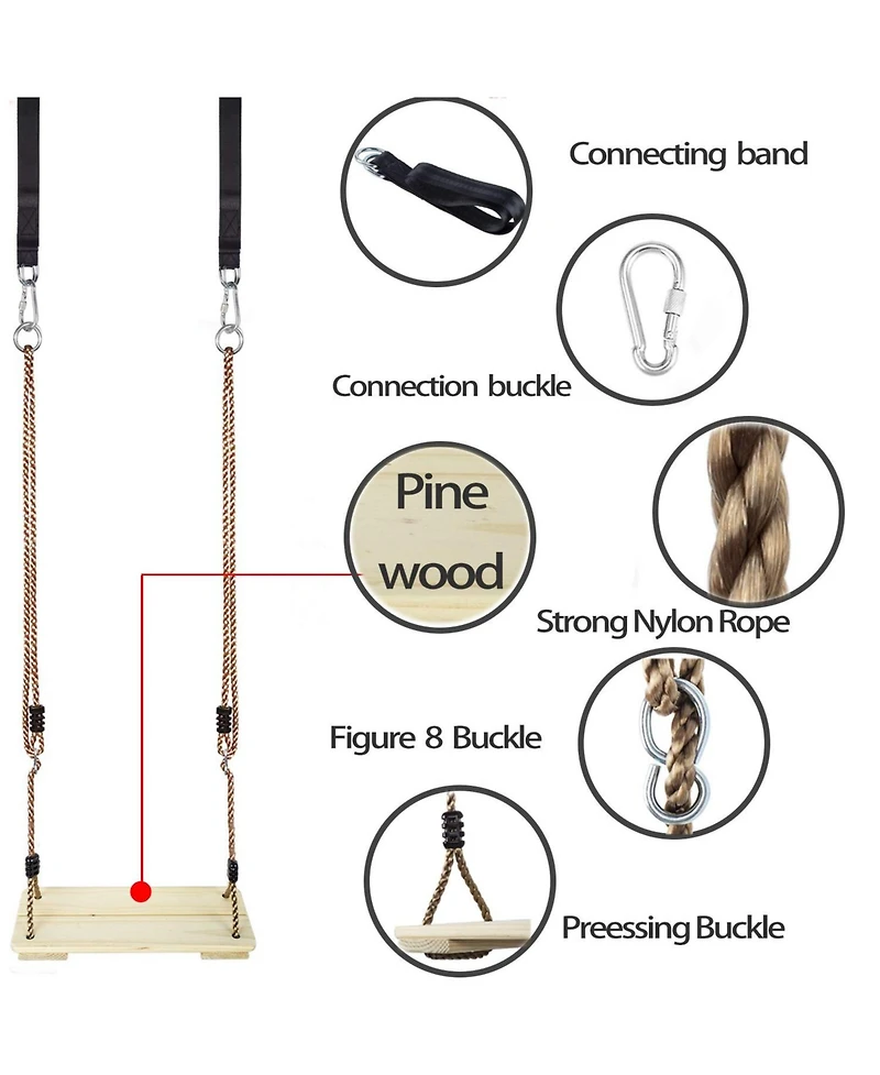 Piscifun Adjustable Nylon Rope Wooden Swing Seat With Hanging Tree Straps For Patio Yard Porch