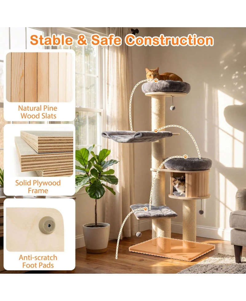 Hongge 68.5-Inch 4-Layer Wooden Cat Tree Tower with Sisal Posts