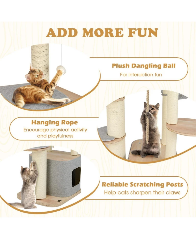 Hongge Modern Wooden Cat Tower with Hanging Hammock, 63 Inch