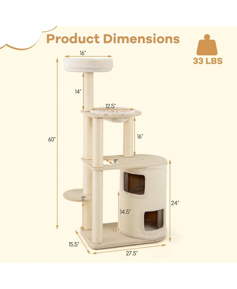 Hongge Cat Tree Tower with Two-Story Enclosed Condo