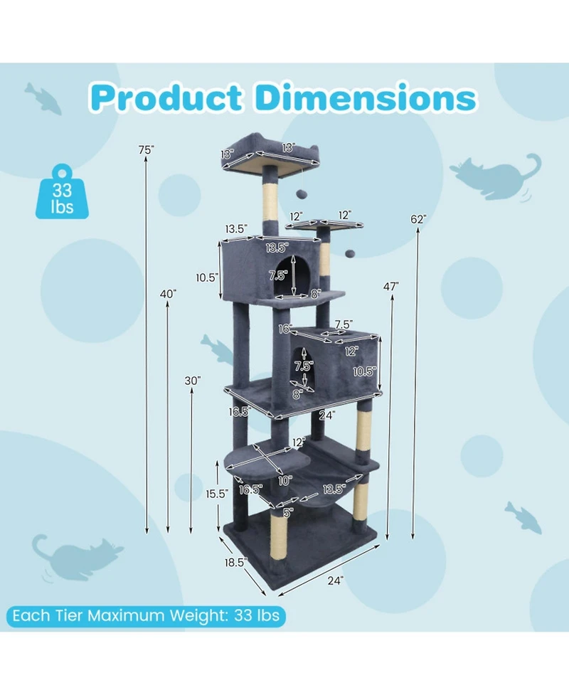 Hongge 58 Inch Modern Cat Tower with Wide-Entrance Cat Condos