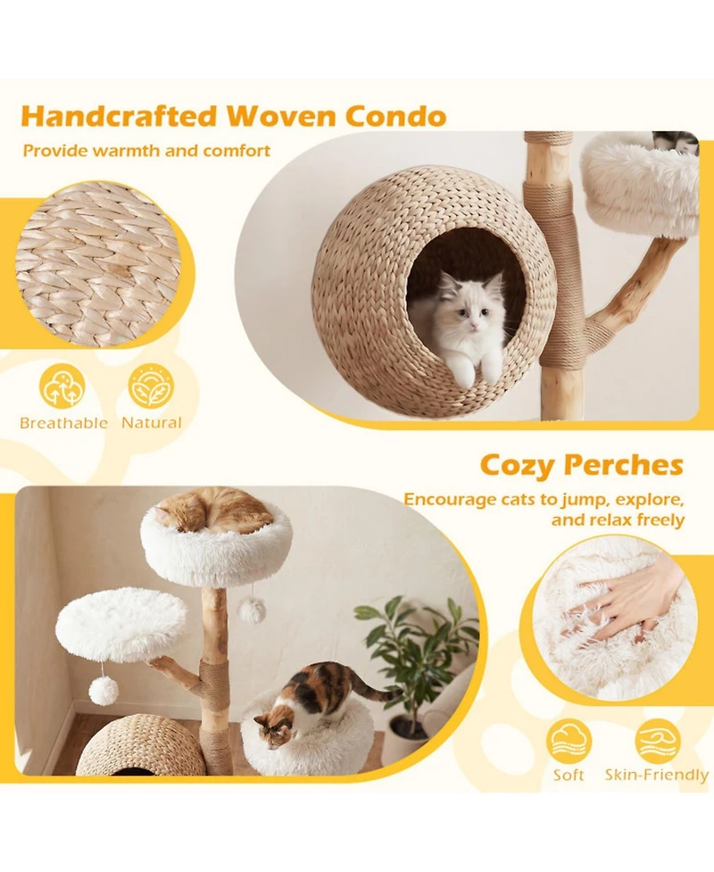 Hongge Five-Tier Wooden Cat Tree with Hand-Woven Cattail Condo