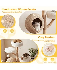 Hongge Five-Tier Wooden Cat Tree with Hand-Woven Cattail Condo