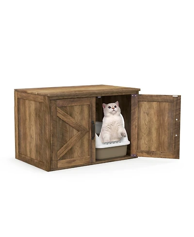 Hongge Flip-Top Hidden Cat Litter Box Enclosure with Double Barn Doors and Removable Divider