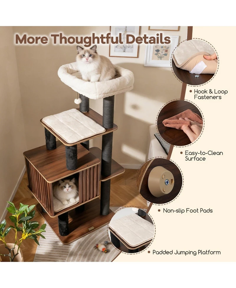 Hongge 53.5 Inch Wooden Cat Tower with Extra-Wide Padded Top Perch