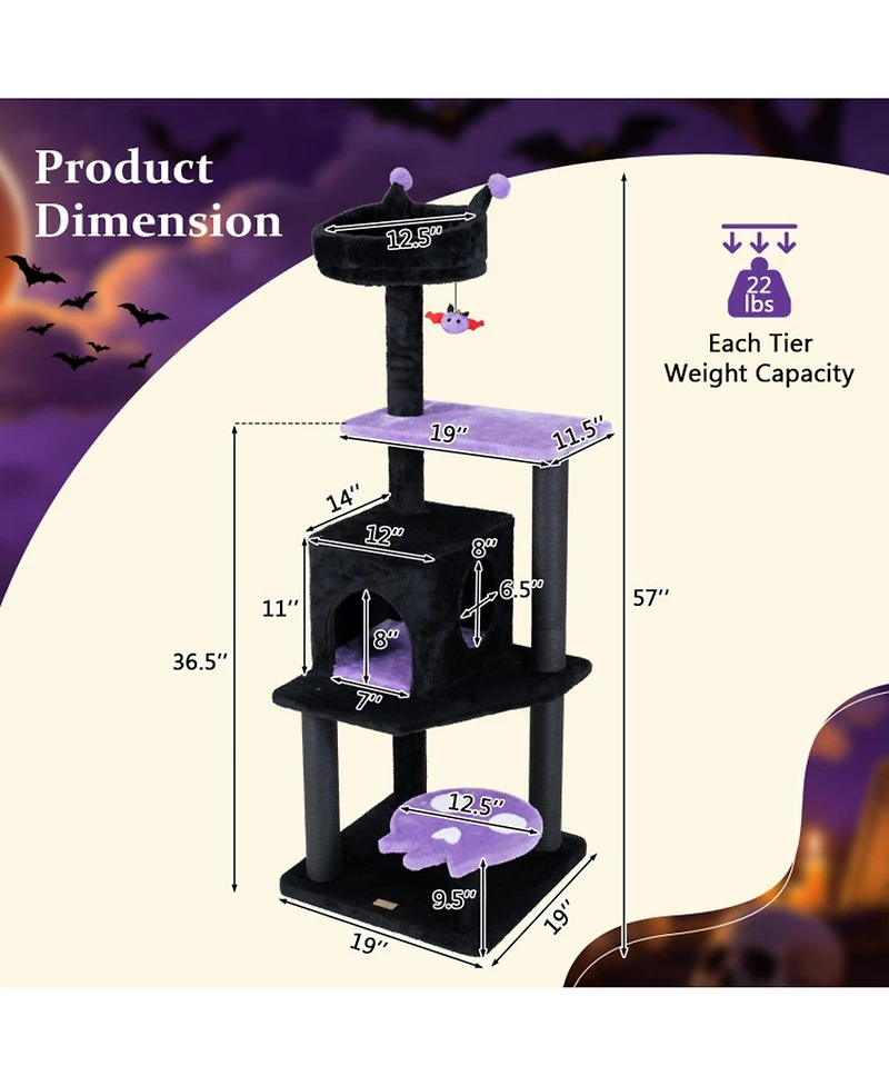 Hongge Spooky 57 Inch Cat Tower with Spider-Shaped Hanging Toy