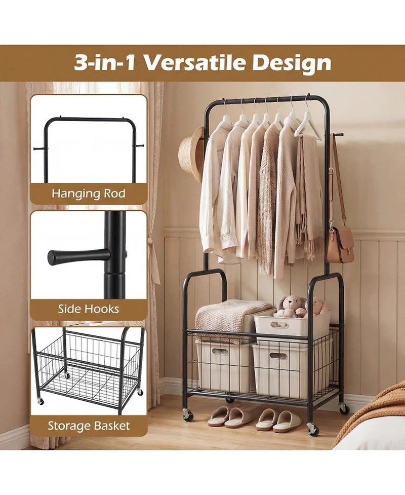 Hongge Rolling Metal Clothes Rack with Hanging Rod and Large Storage Basket