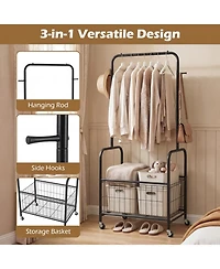 Hongge Rolling Metal Clothes Rack with Hanging Rod and Large Storage Basket