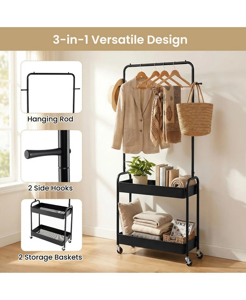 Hongge Heavy-Duty Rolling Clothes Rack with Hanging Rod and 2 Storage Baskets