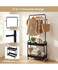 Hongge Heavy-Duty Rolling Clothes Rack with Hanging Rod and 2 Storage Baskets