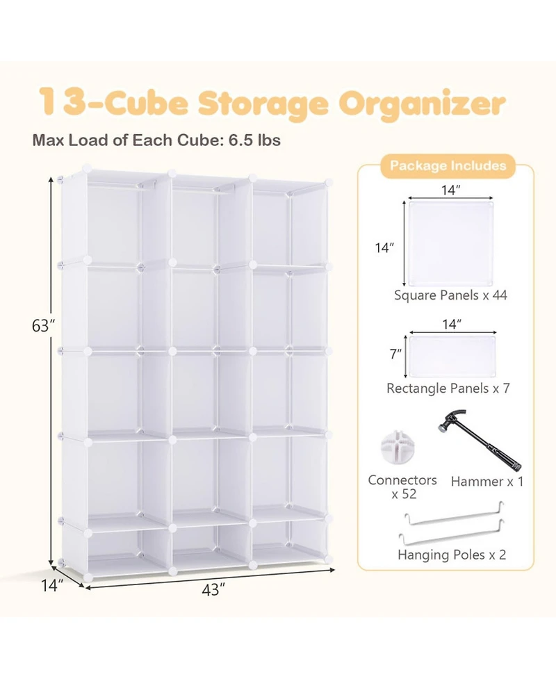 Hongge Modular Kids Wardrobe Closet with 13 Cubes Hanging Rods and Stackable Shelves
