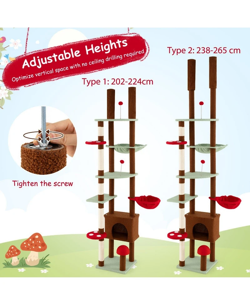 Hongge Mushroom Themed Floor to Ceiling Cat Tree with Height Adjustment