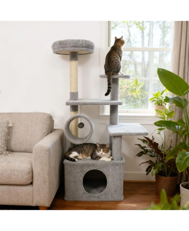 Hongge 48 Inch Multi-Level Cat Tree with Cylinder Play Tunnel