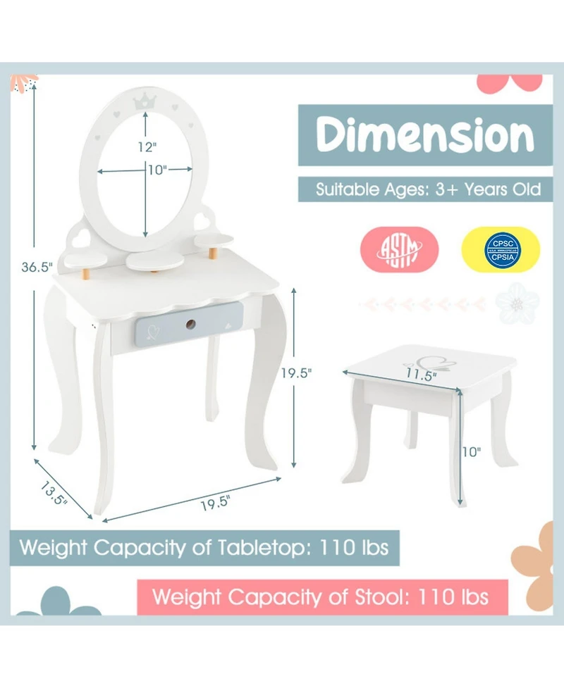 Hongge 2-in-1 Wood Kids' Desk Set with Removable Mirror and Stool