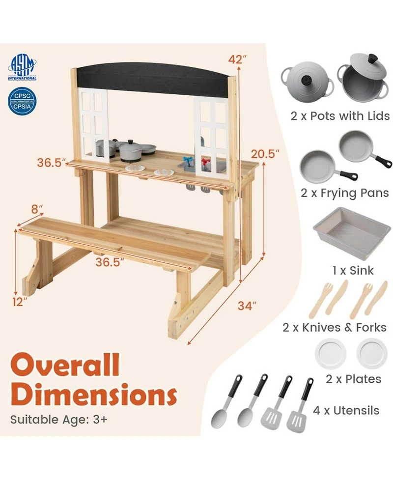 Hongge Wooden Outdoor 2-in-1 Mud Kitchen Playset, Ages 3+