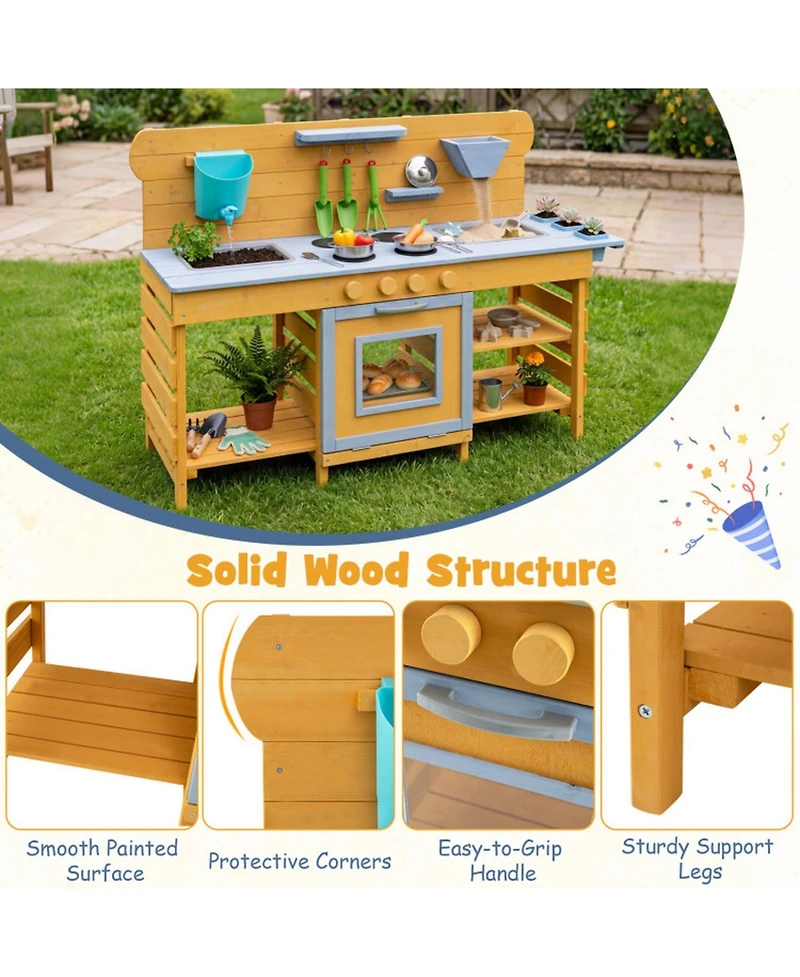 Hongge Wooden Mud Kitchen 2-Sink, 4-Stove 14-Piece Play Set, Ages 3+