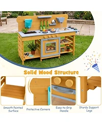 Hongge Wooden Mud Kitchen 2-Sink, 4-Stove 14-Piece Play Set, Ages 3+