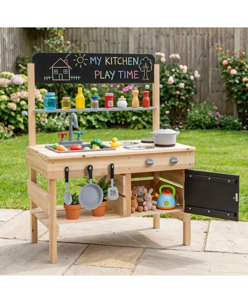 Hongge Kids Wooden Outdoor Mud Kitchen with Stainless Steel Sink and Stoves Ages 3