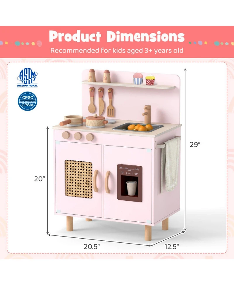 Hongge Kids Wooden Play Kitchen Playset with Working Ice Maker and Sink Ages 3