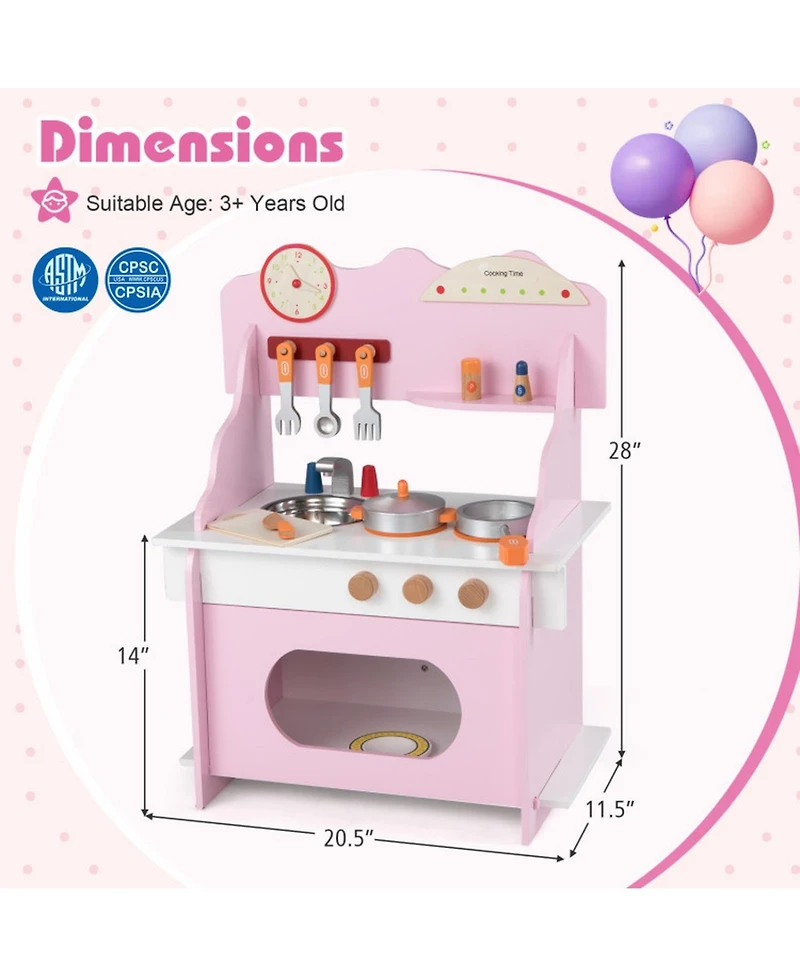 Hongge Wooden Double-Burner Play Kitchen with Learning Clock, 12-Piece Set, Ages 3+