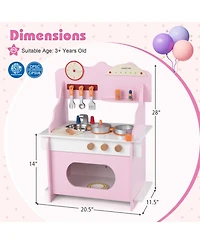 Hongge Wooden Double-Burner Play Kitchen with Learning Clock, 12-Piece Set, Ages 3+